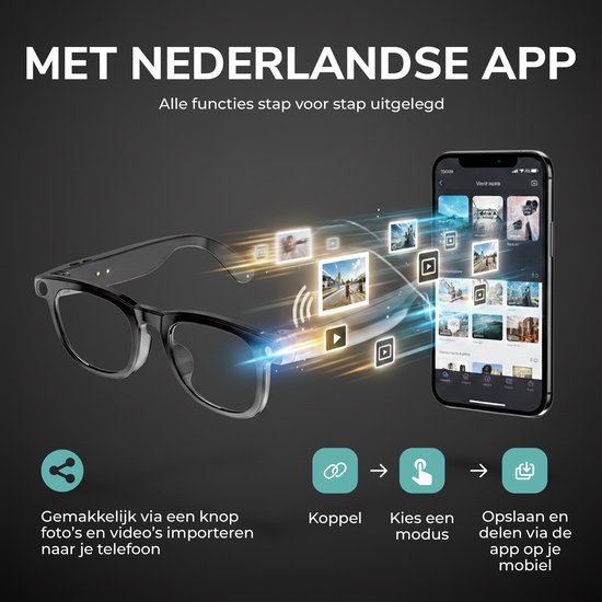 Kiekz Camera Bril met SONY 8MP Camera - 1080P full HD – Mini Spy Camera - Smart Bril met Verborgen Camera – Smart glasses - Slimme Bril met NL-app, vertaalfunctie, muziek – Lichtgewicht 42g — afbeelding 3