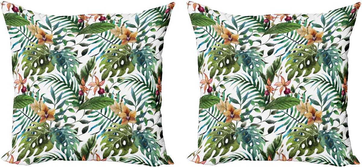 ABAKUHAUS Decoratieve kussenhoes met bladmotief, 2 stuks, palmboom, bloem hibiscus, 40x40 cm, licht karamel bordeauxrood