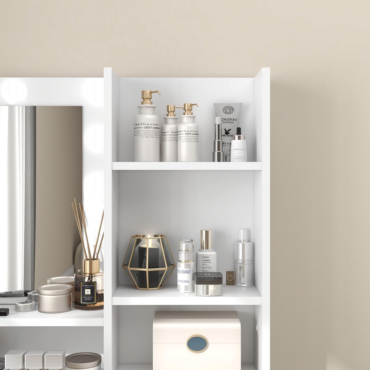 Kaptafel met LED Spiegel 89,9 x 39,9 x 136,9 cm – Moderne Make-up Tafel met Verlichting, Schuiflade, Kast en Opbergplanken – Dimbare 3 Lichtstanden – Wit – Luminara Beauty Station – Pauwhome