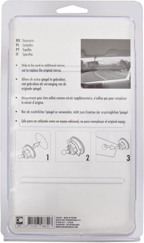 Achterkant van de verpakking met meertalige instructies en illustraties.