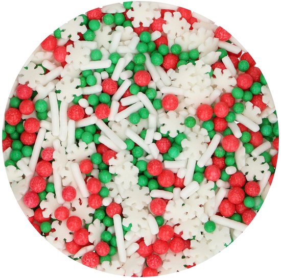 Kerststrooisel met witte sneeuwvlokken, rode en groene balletjes en witte stokjes.