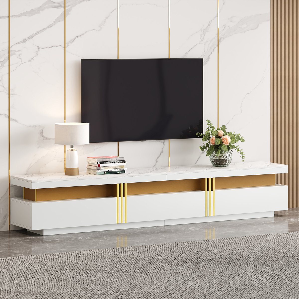 MIVRAY Tv Meubel - Marmerlook Bovenblad Met Drie Lades En Kabeldoorvoer - Voor Woonkamer - Spaanplaat Fineer - Wit - 200x40x42