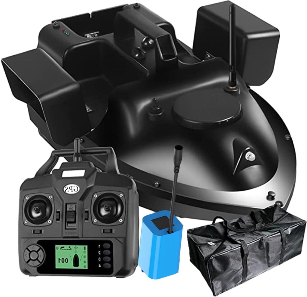 Aurixi® Voerboot Karper – Professionele Voerboot Met 2 Kg Laadvermogen – 3 Laadbakken - Inclusief Accu - 2 Propellers - Baitboat Met Afstandsbediening Draadloos 500 Meter – Met Cruise Control - Visspullen Accesoires - Zwart - 48cm x 17cm x 25cm
