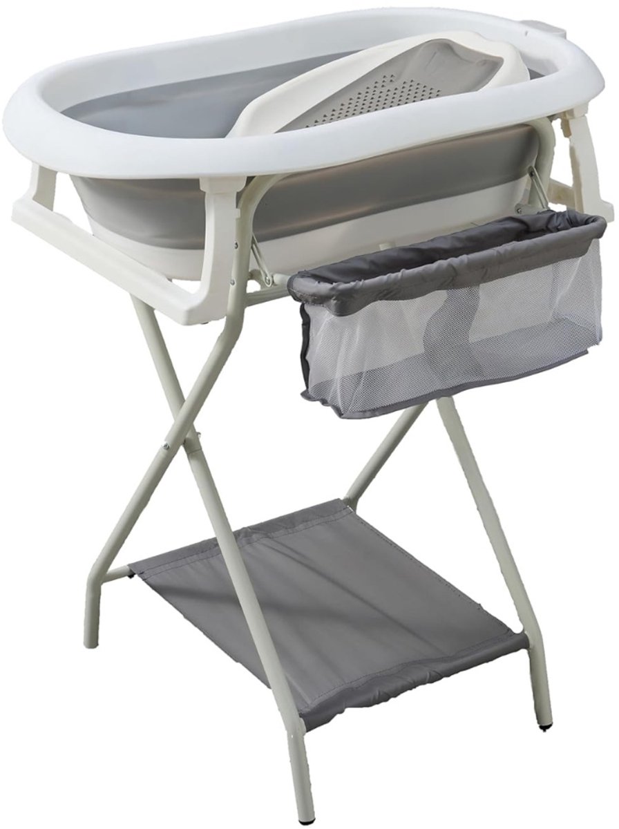 Aurixi® Baby Badje Met Standaard - Babybadje - Inklapbaar Bad Met Kussen - Bad Baby 50 Liter - Zitbad Met 4 Speelballen- Opvouwbaar Bad Kinderen - Baby badje - Bath Bucket - Opvouwbaar bad baby - Babybadset - Grijs - 82cm x 52cm x 20cm