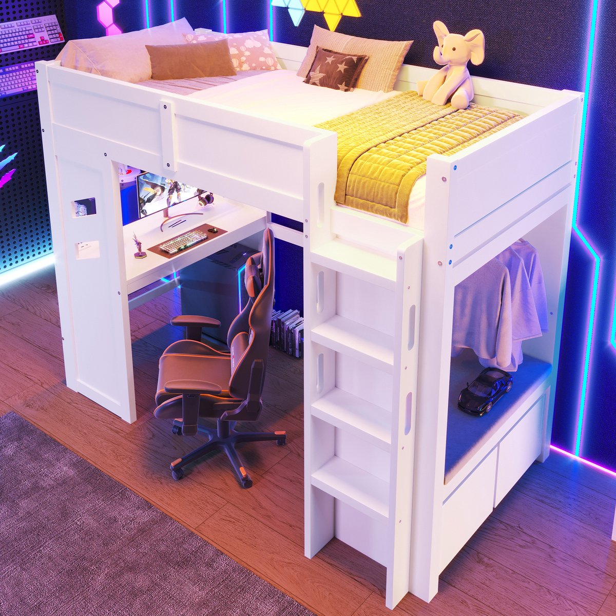 MIVRAY Hoogslaper 90x200 Cm - Met Bureau Met Led Verlichting En Oplaadpoorten - Met Opberglades En Kledingstang - Hout - Wit - Zonder Matras