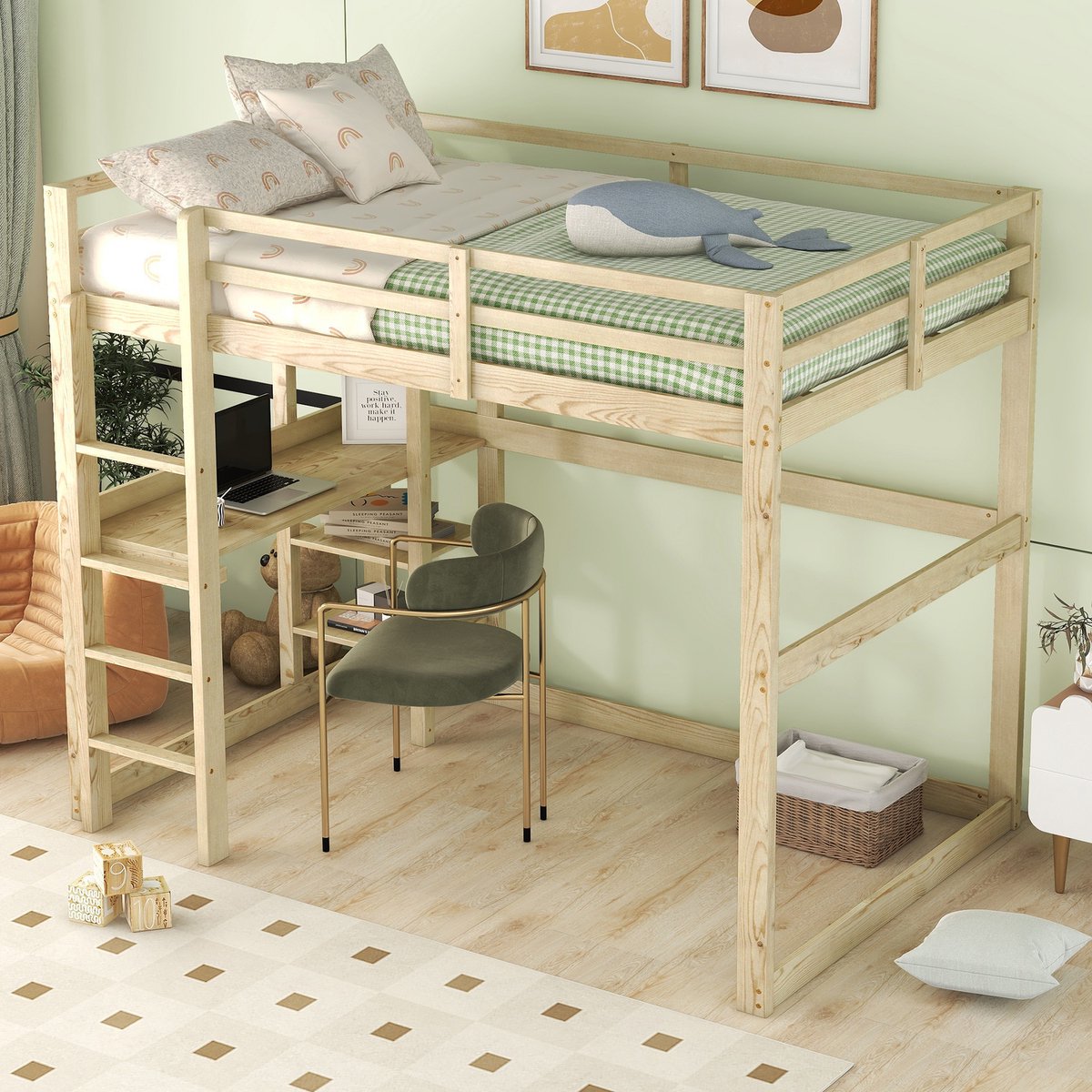 MIVRAY Hoogslaper Kinderbed 140x200 Cm - Met Bureau En 4 Opbergvakken - Massief Grenenhout En Mdf - Naturel - Zonder Matras Natuurlijk