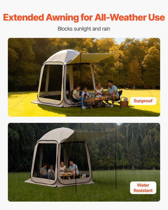 VEVOR Campingtent, 304,8 x 280,4 cm, pop-up tent met uitschuifbare luifel, draagbare partytent voor 4-8 personen met draagtas en zijwanden, voor terras en buitenactiviteiten, beige van Merkloos — afbeelding 4