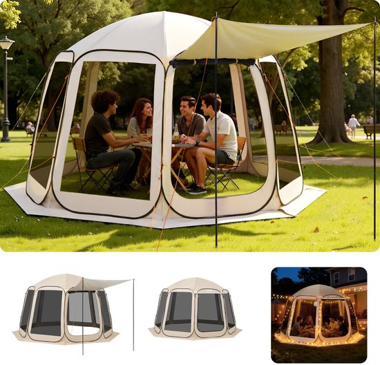 VEVOR Campingtent, 365,76 x 335,28 x 230 cm, pop-up tent met uitschuifbare luifel, partytent voor 10-12 personen, incl. draagtas en gaaswanden, voor terras en buitenactiviteiten, beige van Merkloos — afbeelding 5
