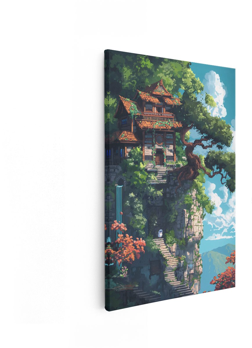 Artaza Canvas Schilderij Japans Huis - 60x90 cm - Wanddecoratie Natuur - Muurdecoratie Landschap - Decoratie Waterval Pixel Art