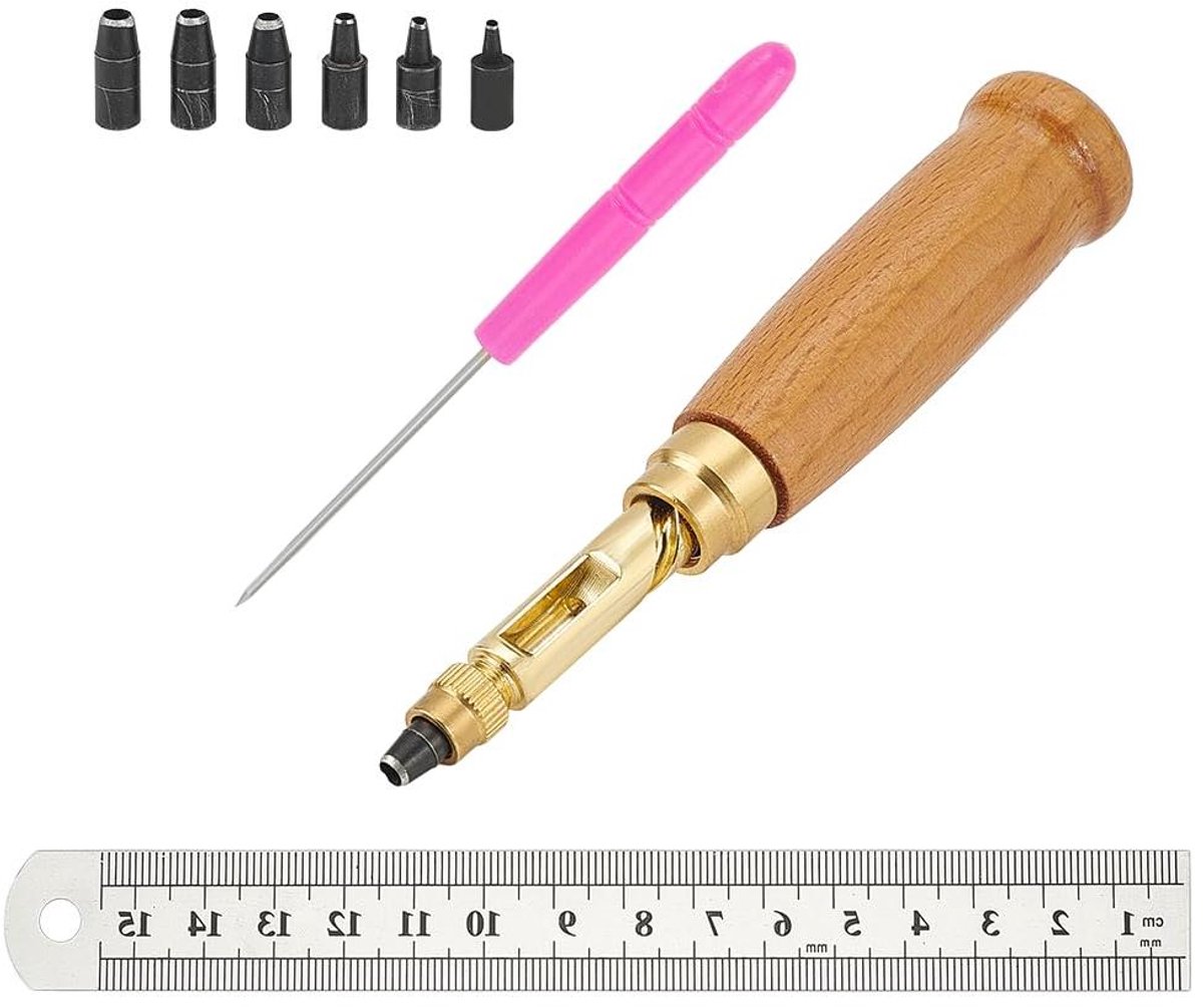 Verstelbare Japanse Schroefpons Set - 5 Punten & Houten Handgreep - Inclusief RVS Liniaal & Ijzeren Wroeters