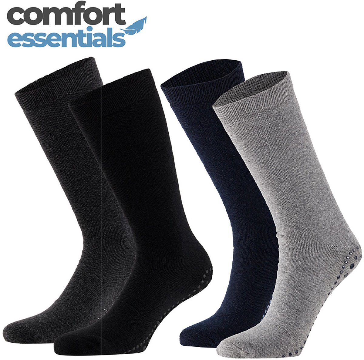 Comfort Essentials Antislip Sokken Heren - Assorti Kleuren - Maat 40-46 - 4 Paar - Gripsokken - Huissokken Antislip - Dikke Warme Badstof Zool - Ziekenhuis Sokken