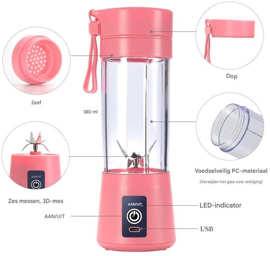 Ynkkvre - Mini-Mixer - Smoothie Maker - Draagbaar Met 6 Klingen En USB-Oplaadbare Batterij - 1 Stuk - Voor Thuis En Onderweg Roze van Ynkkvre — afbeelding 3