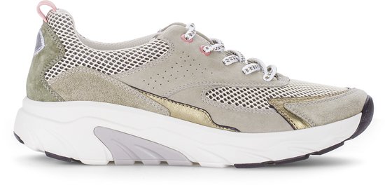 Zijaanzicht van beige Gabor Rollingsoft sneaker met metallic gouden accenten en een witte plateauzool.