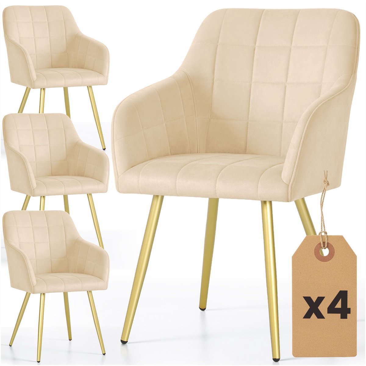 Set van 4 Eetkamerstoelen LUXANO met Armleuningen / Gestoffeerde Stoelen / Fluwelen Stoelen en Metalen Poten / Beige met gouden benen