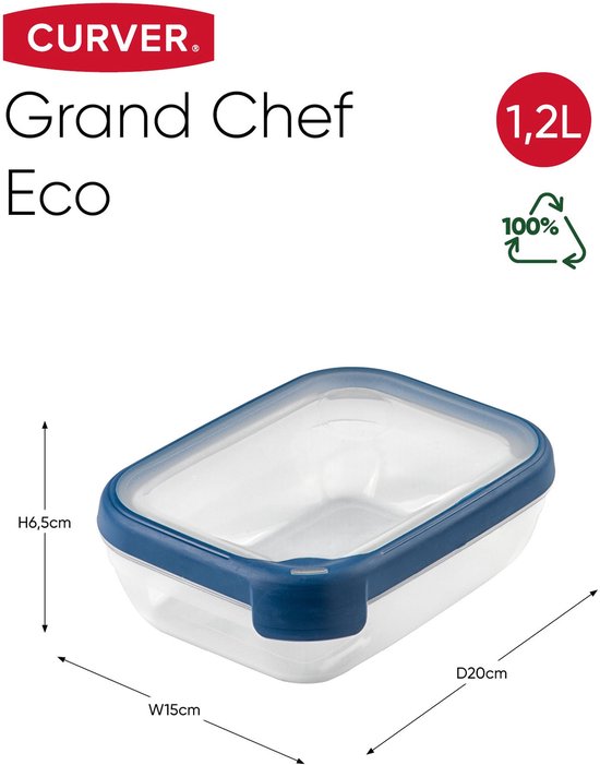 Boîte de conservation Curver Grand Chef Eco, 1,2L, 20cm P x 15cm L x 6,5cm H, avec couvercle bleu.