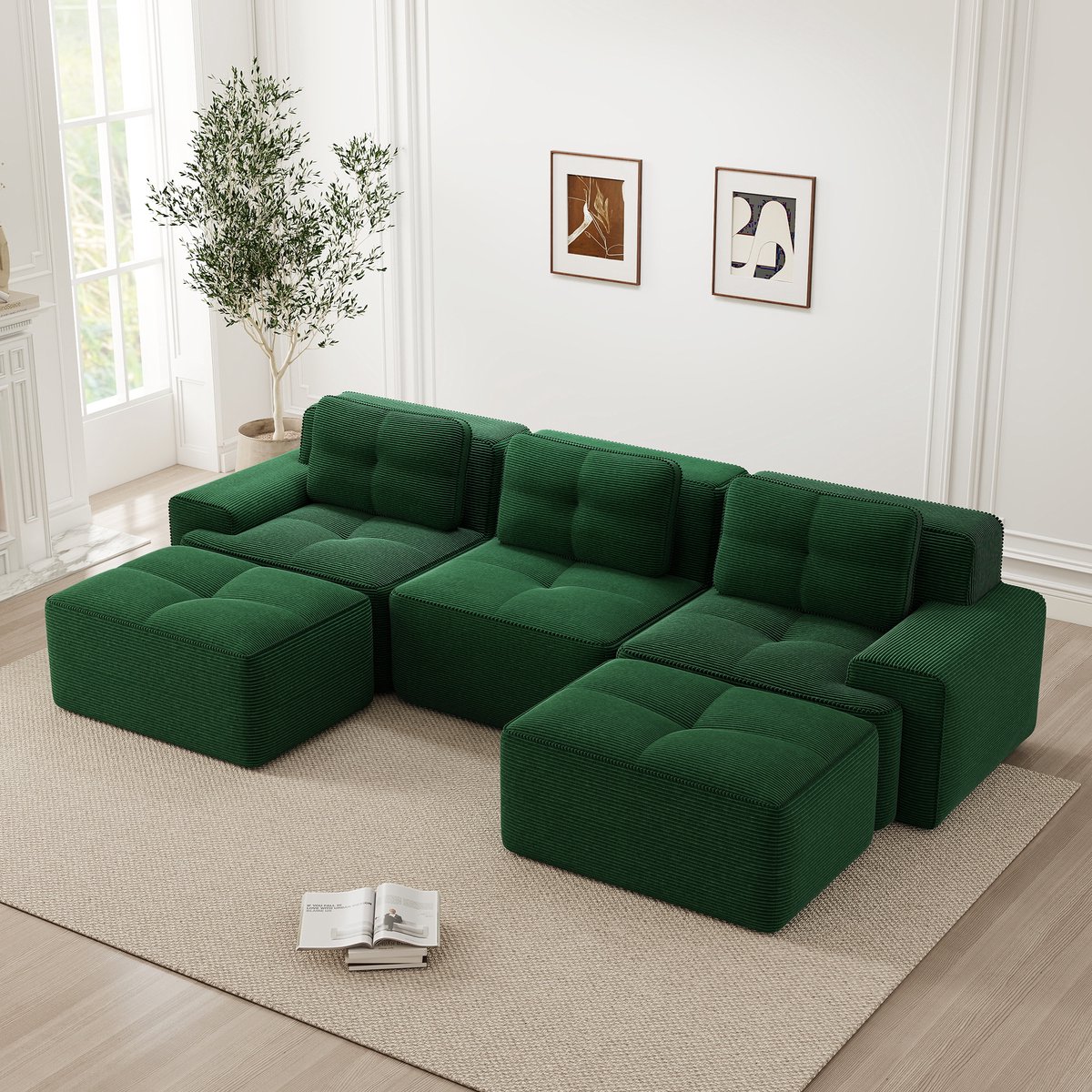 OKWISH Modulbank 3-Zits Met Ottoman - Flexibel U- Of L-Opstelling - Diepe Zitting 74 Cm - Ribstof - Groen