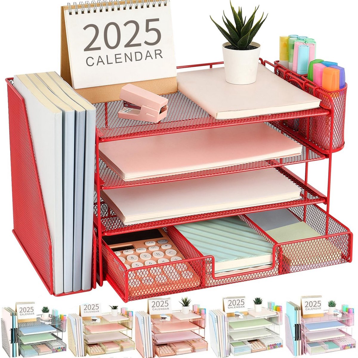 Papieren brievenbakorganizer met lade en pennenhouders - 4-laags bureauaccessoires voor een opgeruimd bureau