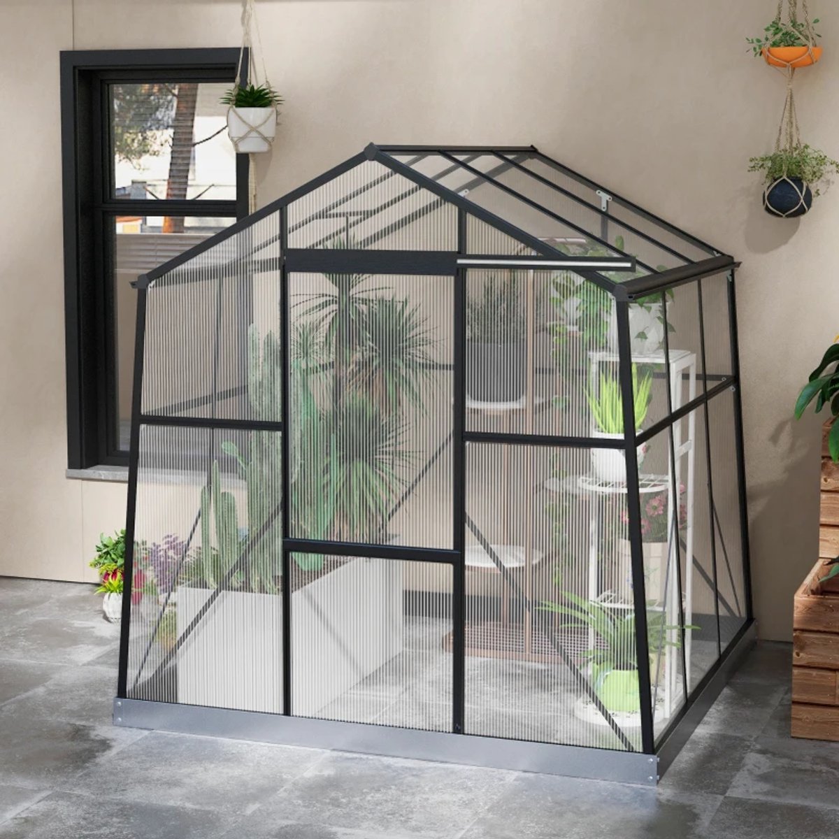 Kas met Schuifdeur en Schuifraam - Weerbestendig - Tuinkas - Broeikas - Kweekkas - Tomatenkas - Groentekas - Plantenkas - voor Groenten, Bloemen, Planten - 192 x 192 x 203 cm - Aluminiumlegering + Polycarbonaat - Zwart – foto 6