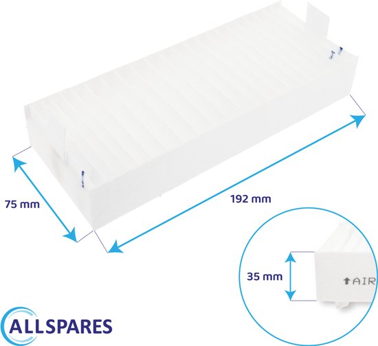 Wit, rechthoekig filter met afmetingen 192x75x35mm, met 'AIR'-pijltje en Allspares logo.