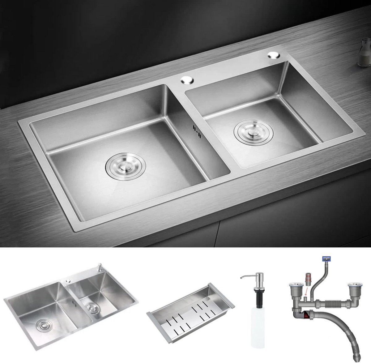 RVS Dubbele Keukenspoelbak Inbouw Onderbouw 78x43cm - Inclusief Accessoires
