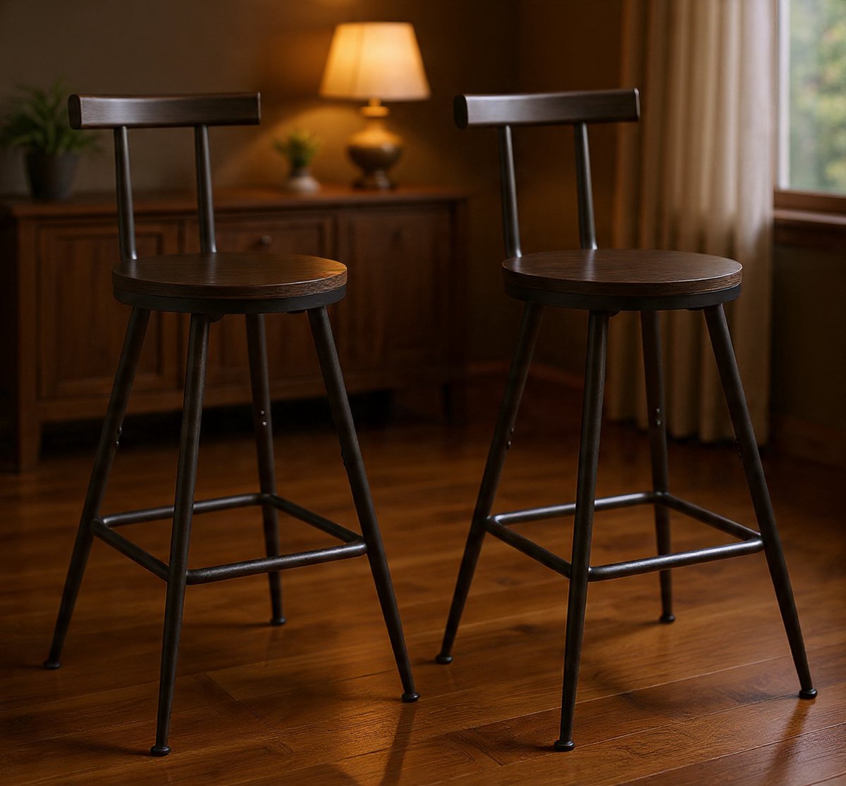 barkrukken, set van 2, barkrukken, keukenstoelen met rugleuning, metalen frame, multidirectioneel verstelbare poten, voor keuken, woonkamer, bar, café, zwart ABAHB6001- Casa Serena – Afmetingen op ...