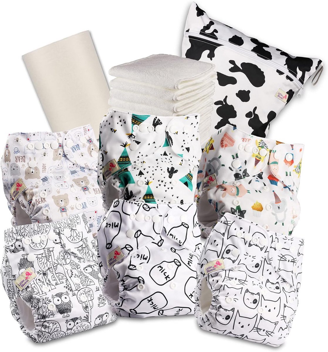 Set van 6 Wasbare Luiers – One-Size Pocketluiers met Inleggers en Bamboe Velletjes
