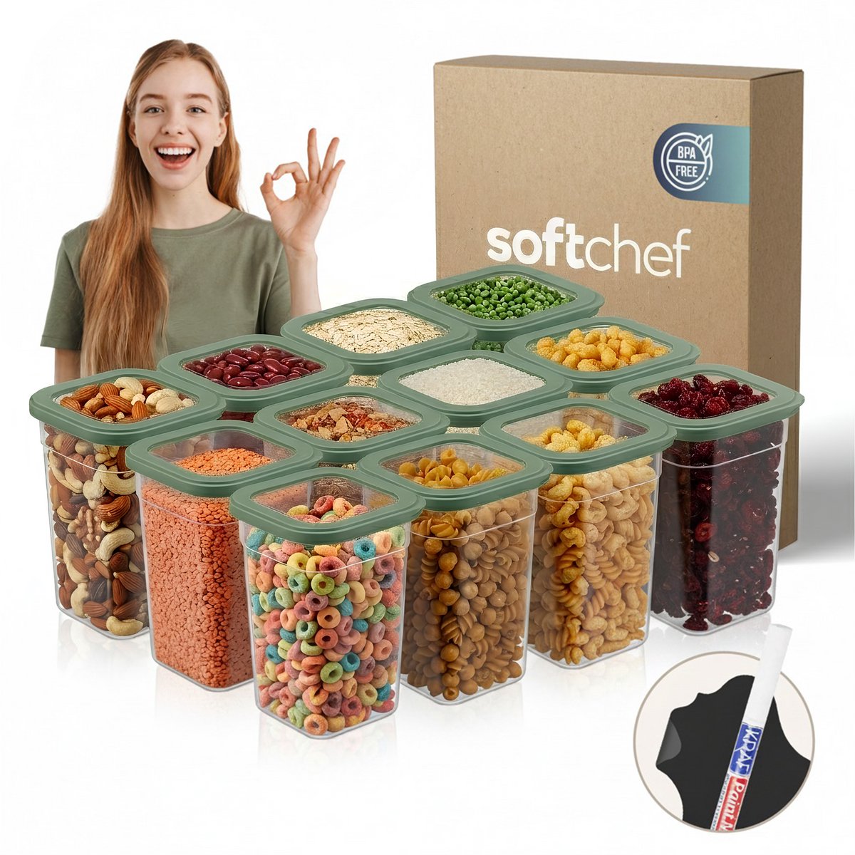 Soft Chef Viola Bewaardozen Set - 12 Delig – 1250 ml – Vierkant – BPA Vrij – Keuken Opbergdozen- Keuken Organiser – Voorradpotten- Beperkte Editie met Groene Deksel