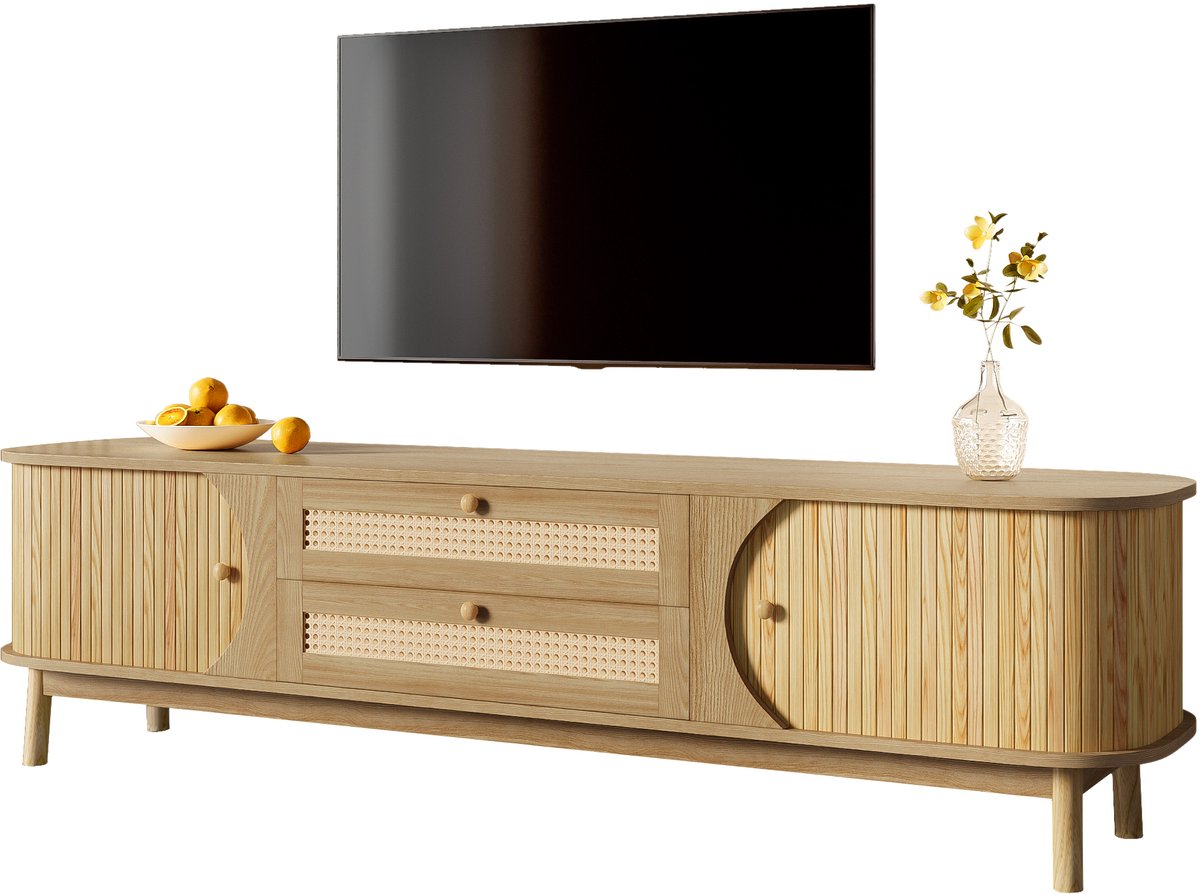 Tv-kast – Natuurlijke houten tv-kast met deuren en lades. Tv-standaard met rotan zijkanten. Opbergoplossing, natuurlijke landhuisstijl