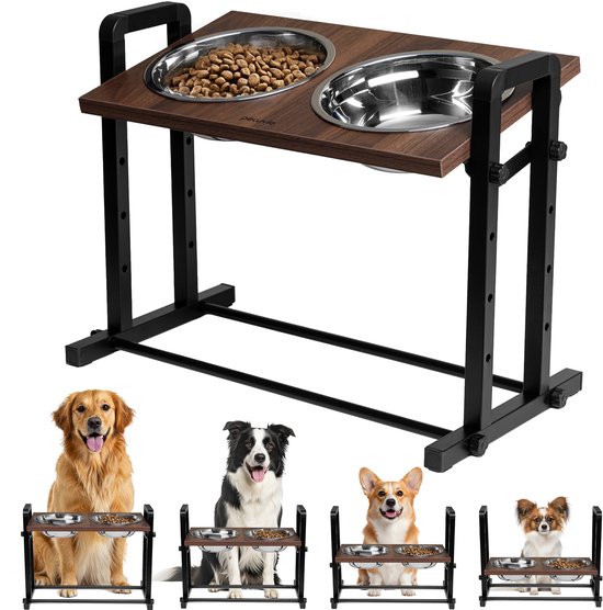Peluvio Misty – Verstelbare Voerbak standaard voor Honden – RVS 2 Bakken 1200 ml – 4 Hoogten & 3 Kantelhoeken – Stabiel & Eenvoudig Schoon te Maken – Walnootkleur