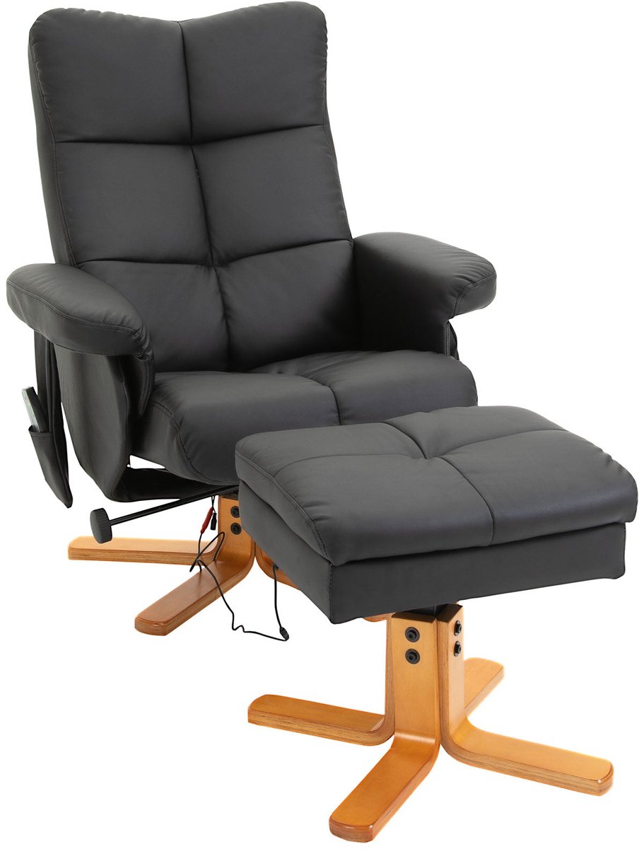 Merax Massagestoel Met Voetenbank – Draaibaar 360° – Verstelbaar Tot 145° – Met Opbergruimte – Linnenlook Bekleding – Zwart – Stoel 80 x 86 x 99 cm