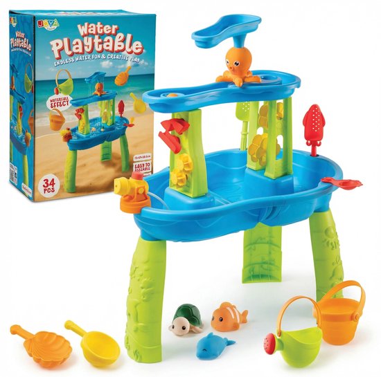 Joya Creative Watertafel Jongens - Couleur Bleu et Vert - Table de jeu aquatique - Ensemble d'accessoires 34 pièces - Effet Cascade – Dimensions 59x38,5x73 cm – Table d'activités avec Eau Pour l'Extérieur et le Jardin