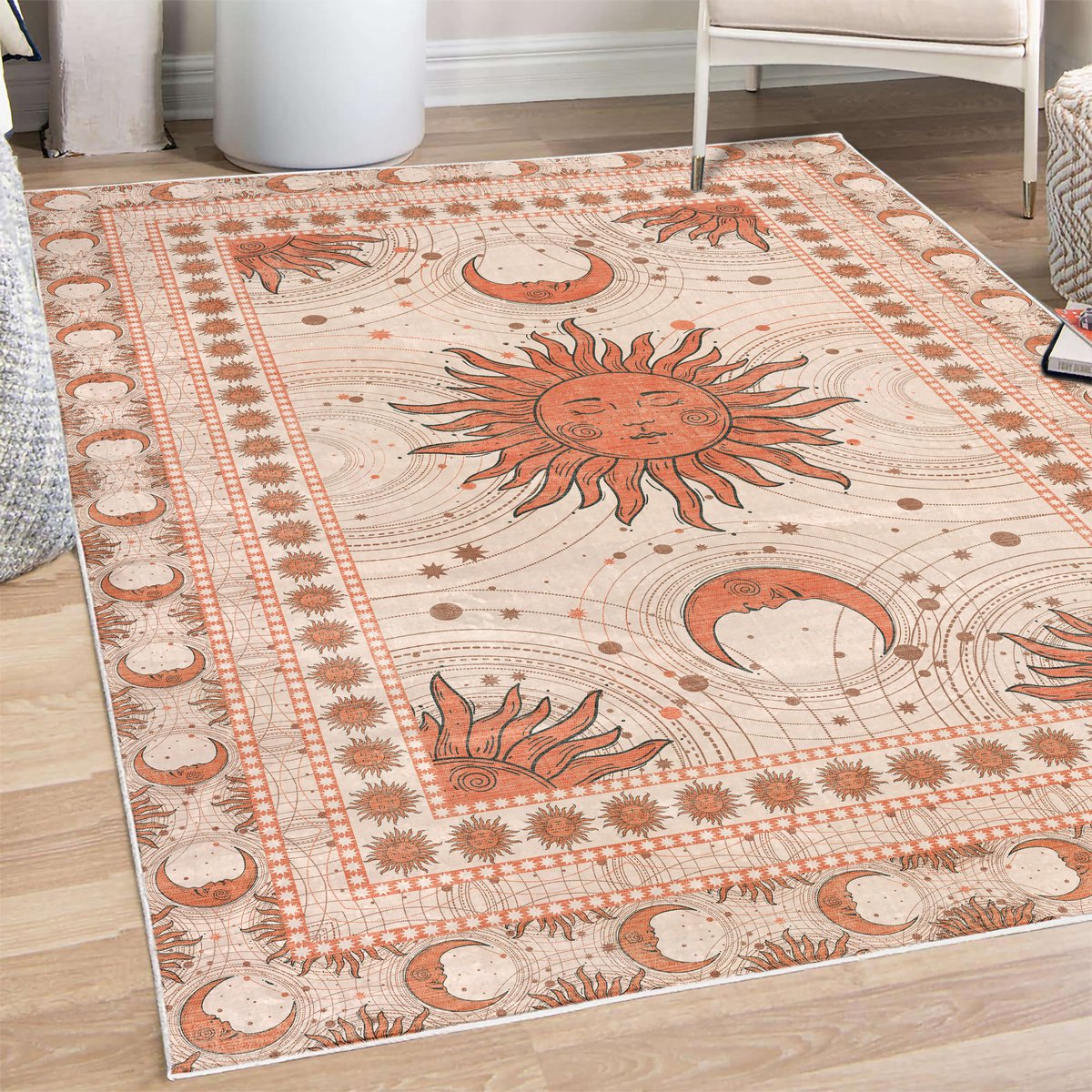 ABAKUHAUS Decoratief vloerkleed met zon en maan, hoogwaardig vloerkleed voor slaapkamer en woonkamer, 60x152 cm, Siena Umber