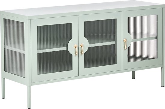 Lichtgroen dressoir met twee geribbelde glazen deuren aan de linkerkant en een dichte deur aan de rechterkant, staand op dunne pootjes.