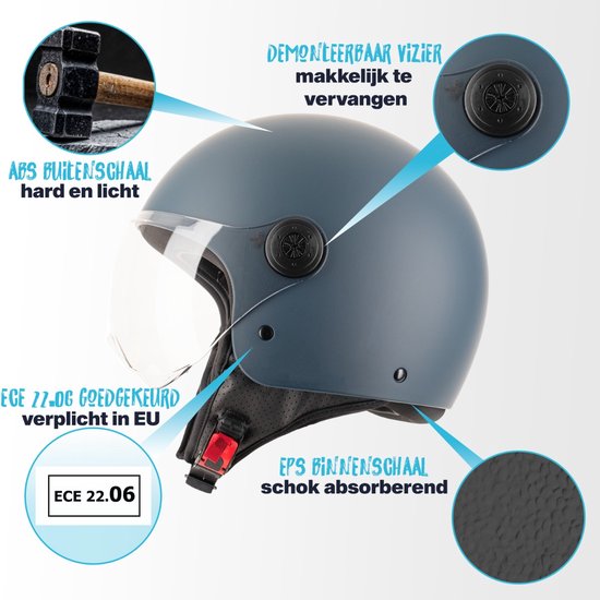 Donkerblauwe helm met verwijderbaar vizier, ECE 22.06 goedgekeurd. ABS buitenschaal, EPS binnenschaal.
