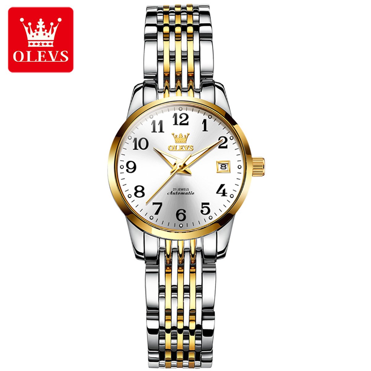 HO-6666L.gz : Olevs goudzilverkleurig tourbillon-mechanisch edelstaal dames horloge, goudkleurige wijzers, zwarte grote cijfers, luminiscerend, dagnaam, kalenderdag