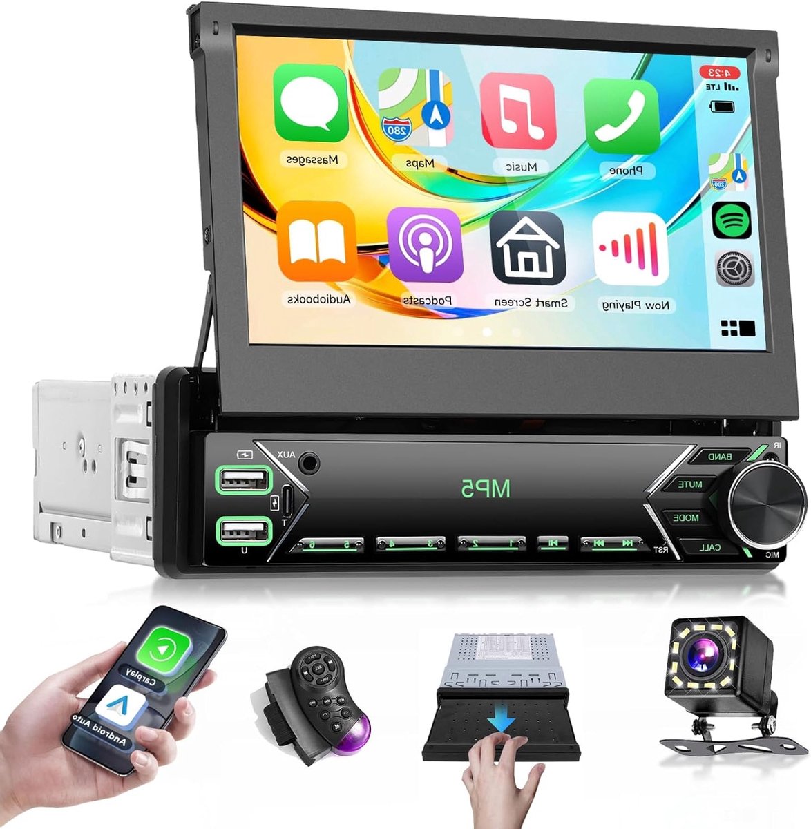 Autoradio 7 Inch – 1-DIN Autoradio – Inbouw Radio – Auto Stereo – Multimedia Speler – Uitschuifbaar Touchscreen – Draadloze CarPlay & Android Auto – Inclusief Achteruitrijcamera & Stuurbediening