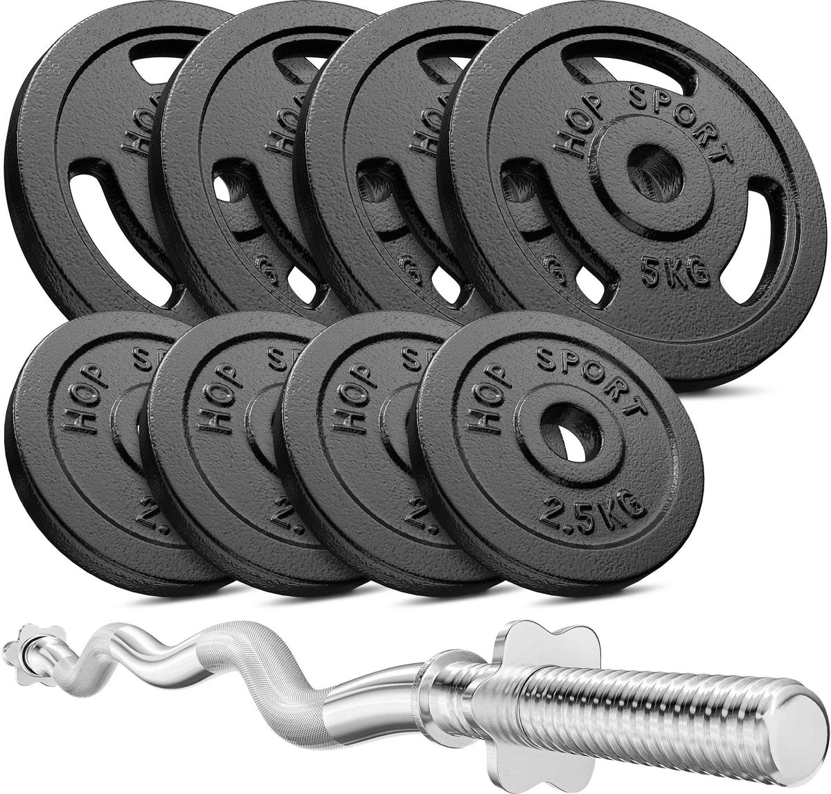 Hop Sport – Halterset 37 kg – SZ Curlstang 120 cm – Gietijzeren Halterschijven – 30 mm