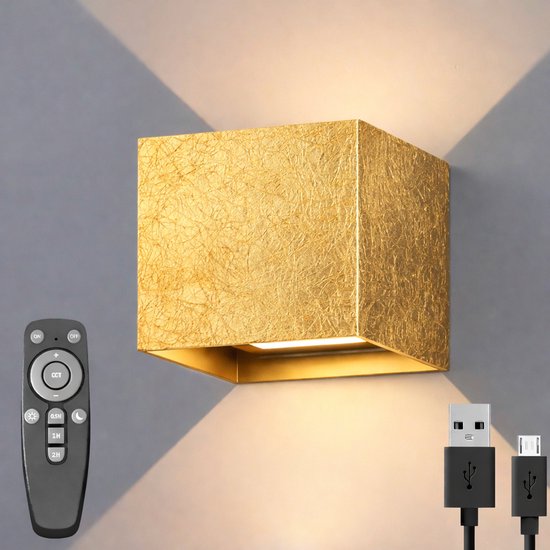 Luminize Oplaadbare wandlamp met Afstandsbediening - Dimbaar - Nachtlampje - Draadloos - Wandlamp Op batterijen accu - Goud