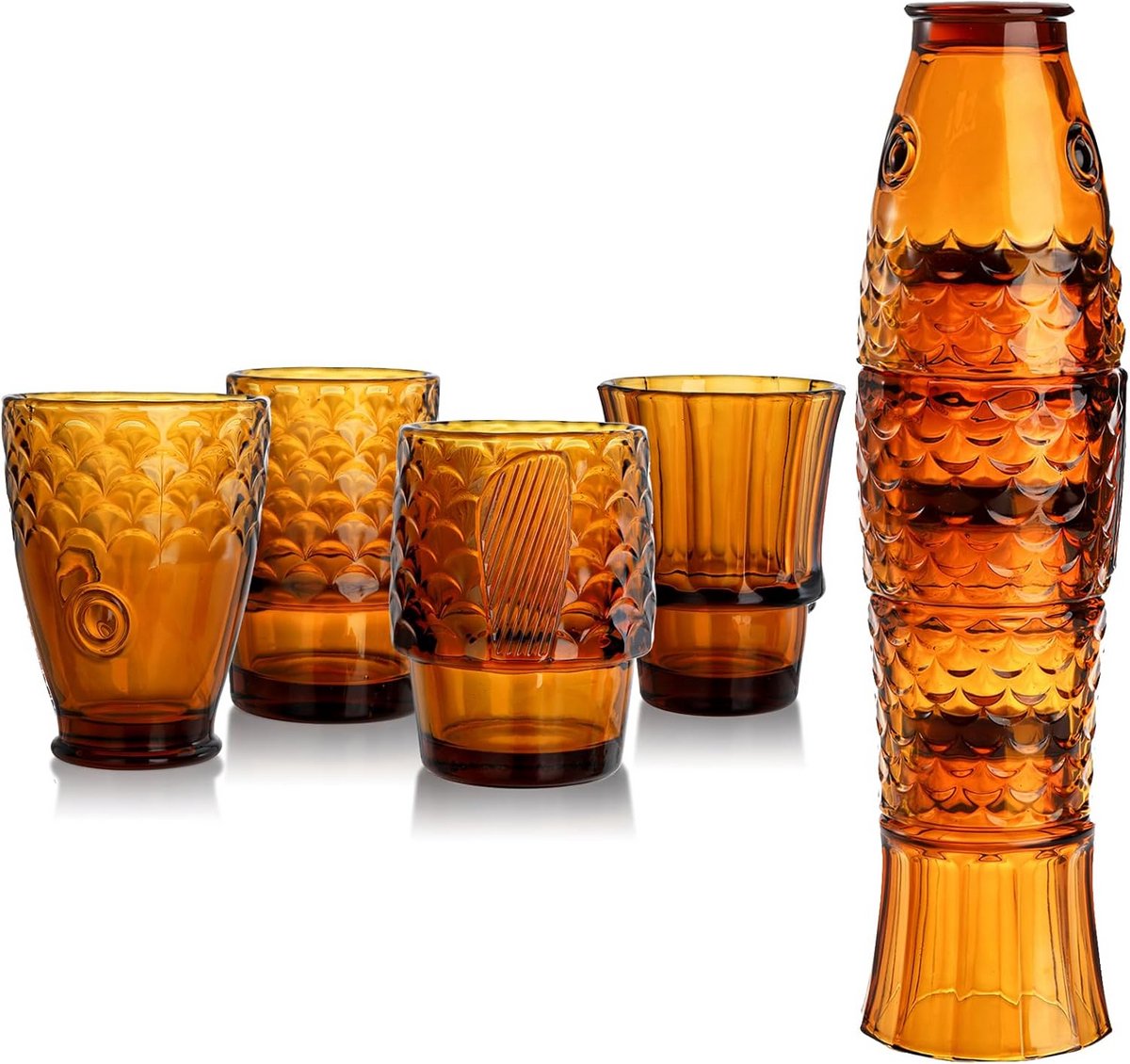 Set van 4 Amber Drinkglazen met Koi Vis Design - Stapelbare Tumblers voor Sap en Water