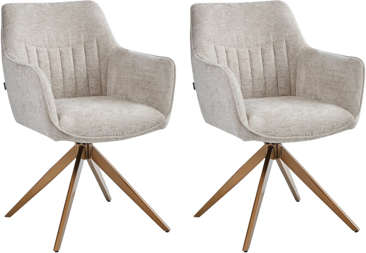 Colenis New Yade Eetkamerstoelen - Set van 2 - Taupe - Chenille Stof - 180° Draaistoelen - Geborsteld Goud Poten - Gestoffeerde zitting