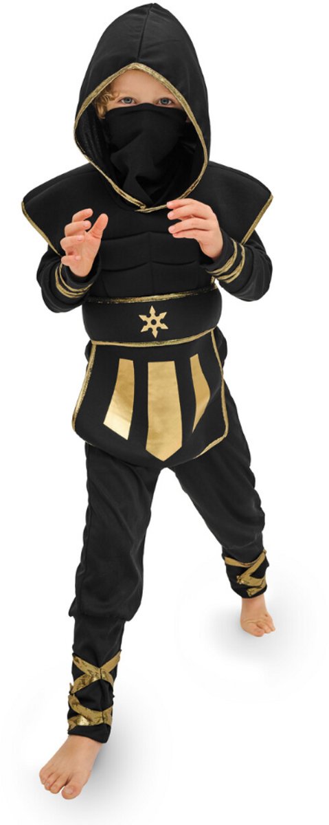 Ninja Verkleedpak Kind Zwart/Goud - Maat 96-116