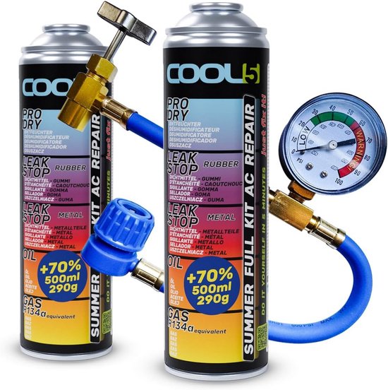Airco Vulset Auto R134a Koudemiddel 2 Bussen 580g + Drukslang Manometer 5-in-1 AC Onderhoud Kit