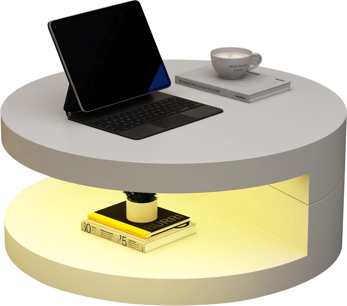Merax Ronde Couchtisch 70 x 70 x 35,5 cm - 360° Draaibaar Bovenblad - LED Lichtstrip 16 Kleuren - 2 Laags Opbergruimte - MDF - Wit