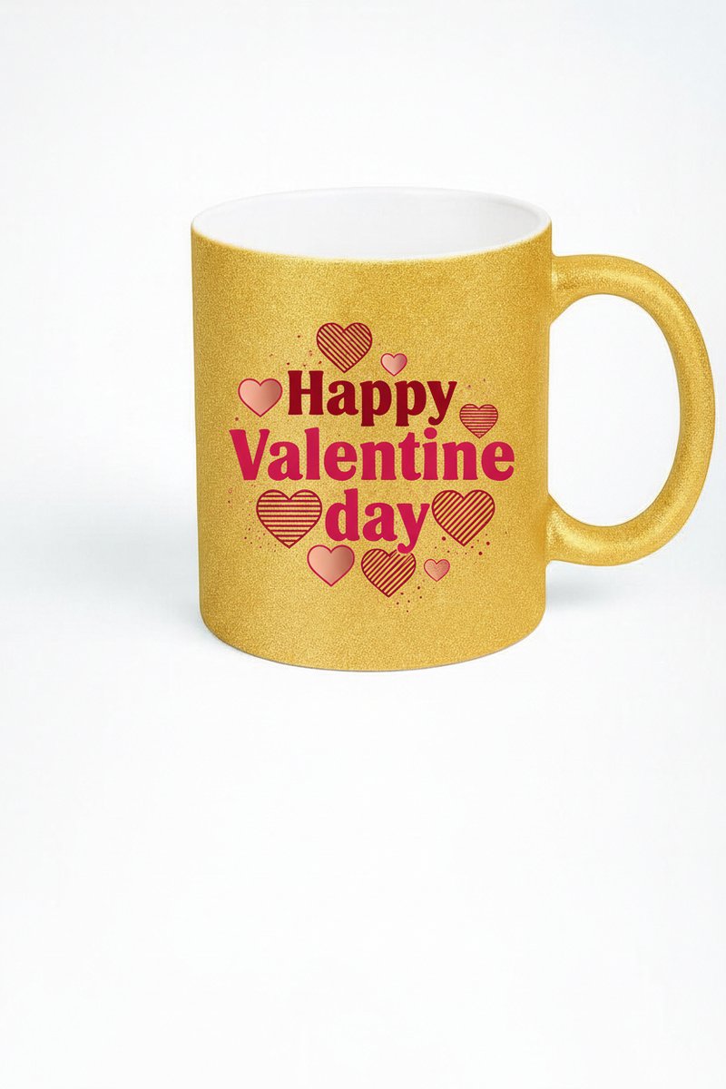 Goud Glitter Valentijn Mok - Happy Valentine Day Hartjes Design - Romantisch Cadeau Beker