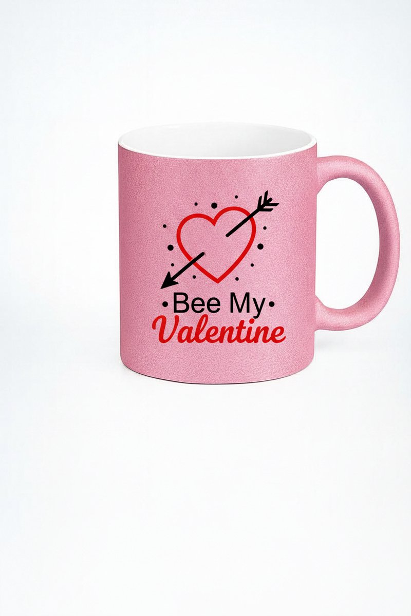 Valentijn Glitter Mok 'Bee My Valentine' met Hart en Pijl - Roze Cadeau