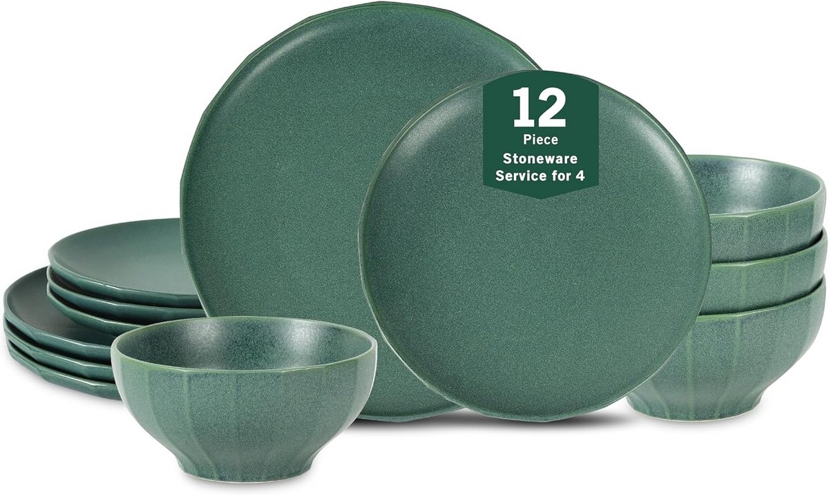 12-delige Aardewerk Servies Set - Groen - Met Borden en Kommen