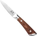 Petit couteau de cuisine japonais Damas, manche en bois avec rivets argentés.