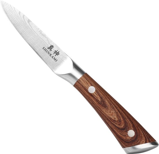 Petit couteau de cuisine japonais Damas, manche en bois avec rivets argentés.