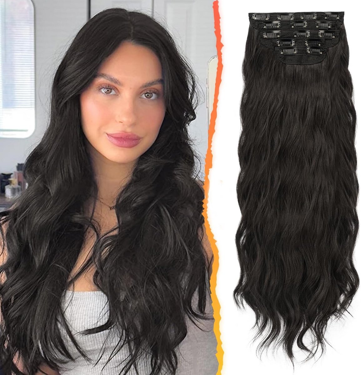 Clip-in Haarextensions Synthetisch 50cm Golvend Vol Volume Donkerbruin
