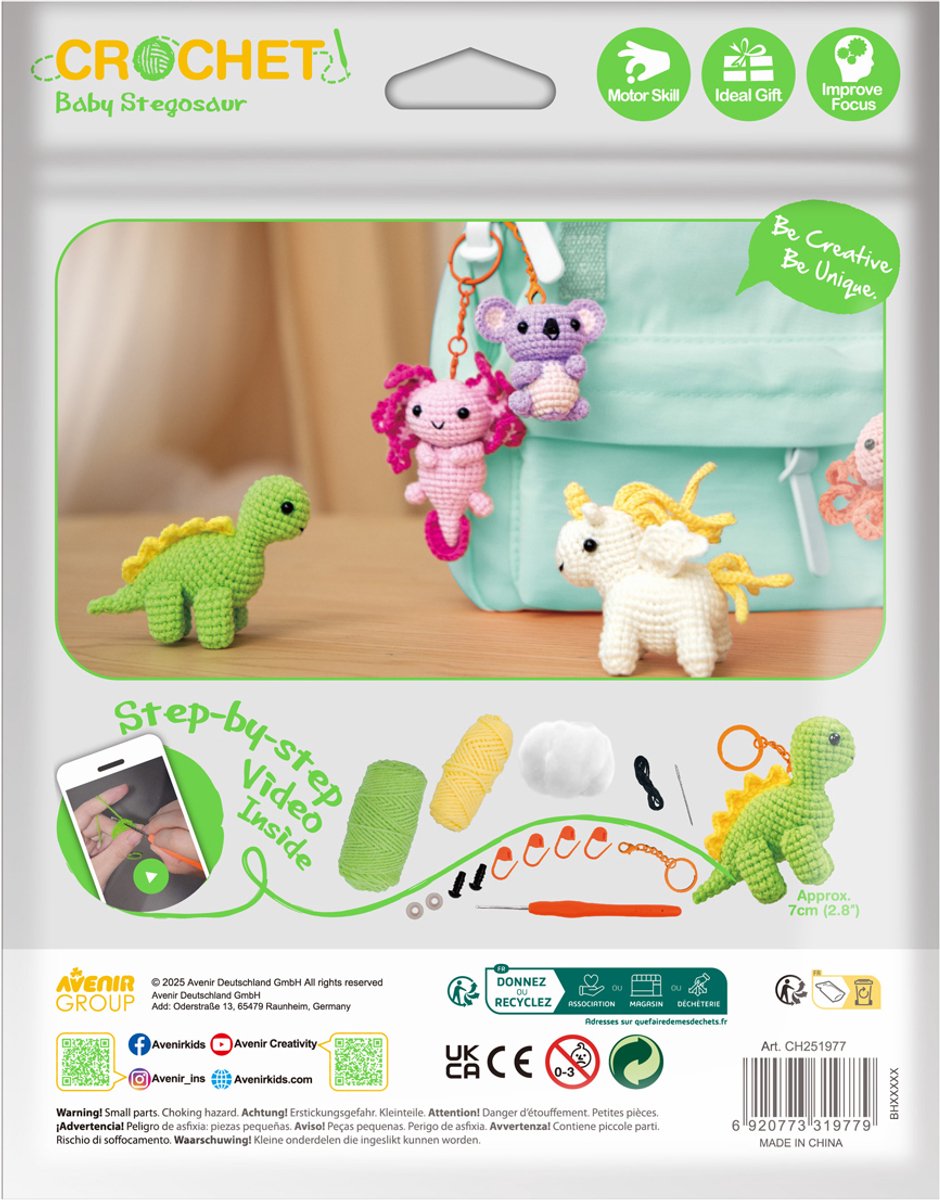 AVENIR Leren Haken - Baby Stegosaurus - 8,5X6,5Cm - Sleutelhanger - 8 Jaar